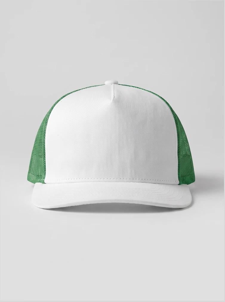 Sustainable trucker cap, Atlantis Headwear Rapper Cotton-S, white with green mesh, ready to print
